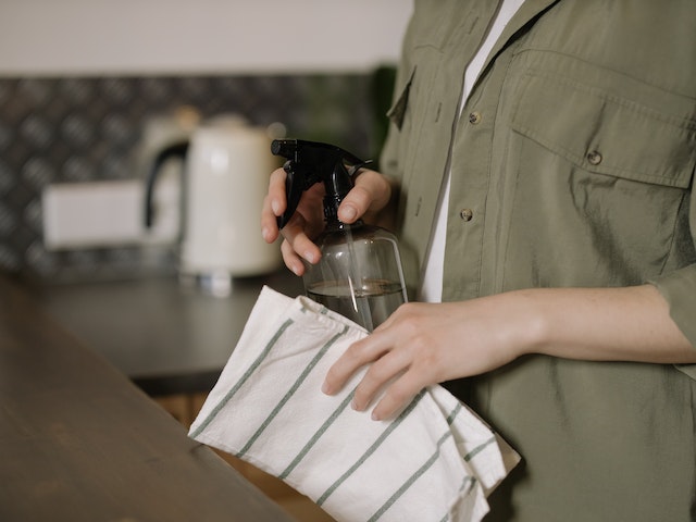 person holding spray bottle and dish rag