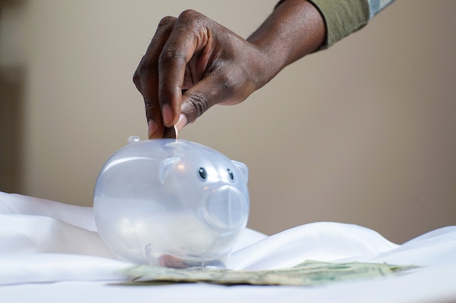 person putting coins in a piggy bank